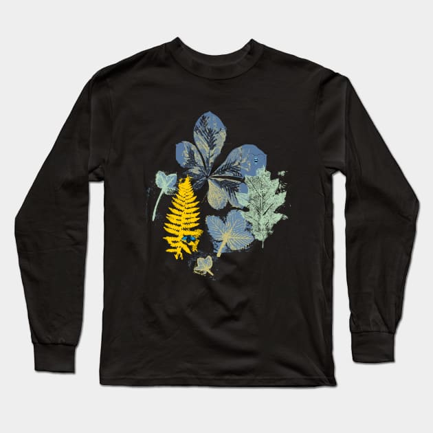 forest leaves gelli print - blue-yellow Long Sleeve T-Shirt by kobyakov